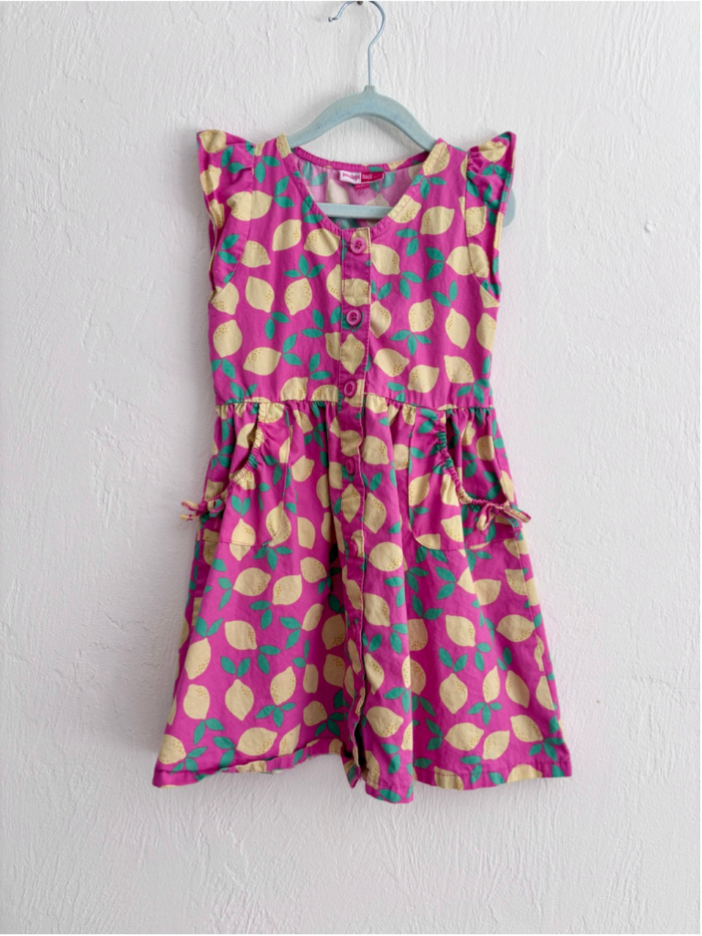 Girls Penelope Mack Lemon Print Casual Dress Size 6 Pink Yellow Cotton